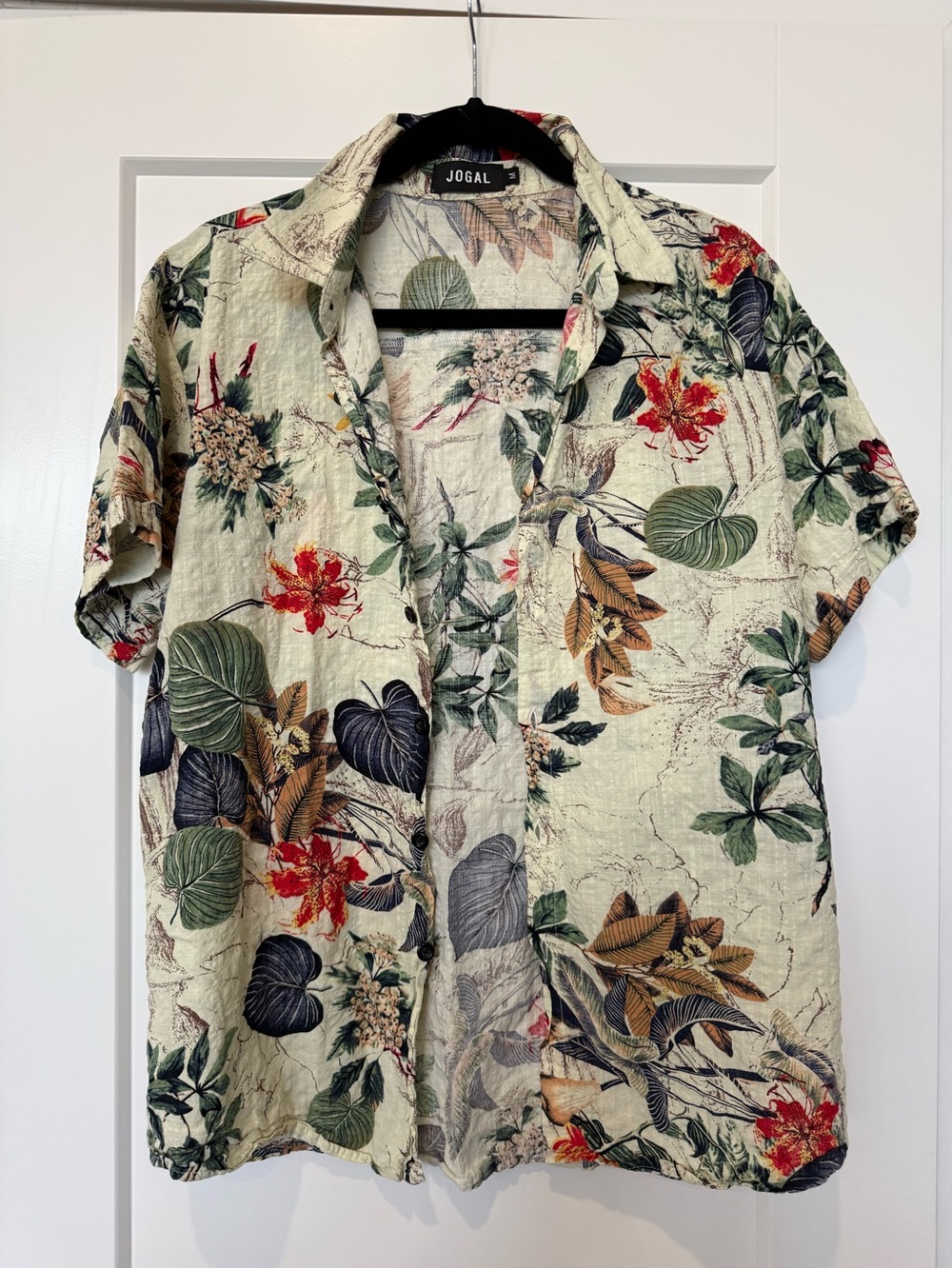 Jogal Men's Short Sleeve Floral Button-Up Shirt - Cream with Green & Red